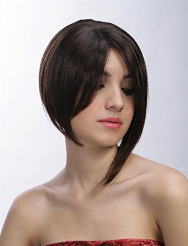 Stunning Diagonal Bangs Bob Wigs - Natural Short Straight Black Auburn Mixed Angled Cut Layered Women Wigs