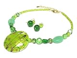 Green Glass Hand Painted Large Pendant Beads Necklace Set Jewelry