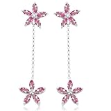 10k White Gold Created Pink Sapphire and Diamond Flower Drop Earrings