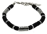 Image of Mens Surf Surfer Metal & Black Bead Beads Bracelet Wristband - F