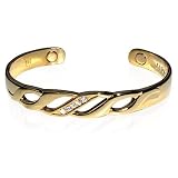 Ladies Magnetic Yellow Gold Cuff Bracelet 6 inch with CZ Accents