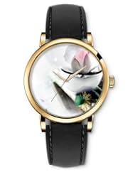 SPRAWL Aanalog Fashion Series Gold Ladies Watches of Genuine Black Leather Strap,Unique Wrist Watch for Women Girls Designed with Lotus flower on a wooden bar