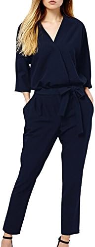 Jayar Women's Fashion V-neck Chiffon 3/4 Sleeve Belted Slim Fit Jumpsuits