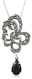 Sterling Silver Marcasite & Black Cubic Zirconia Drop Pendant, 18"