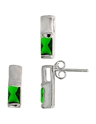 Sterling Silver Matte-finish Rectangular Earrings (13mm tall) & Pendant Slide (13mm tall) Set, w/ Emerald Cut Emerald-colored CZ Stones