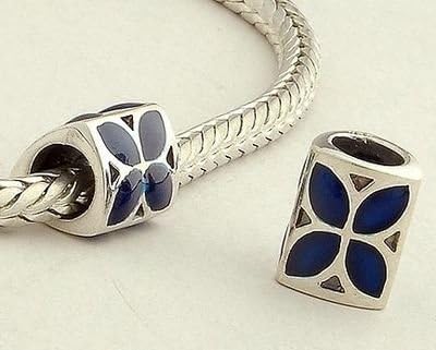 DUMAN 1pc 925 Silver Enamel Charms Blue 4 Petal Flower Beads Compatible with Pandora Chamilia Kay Troll European Bracelets