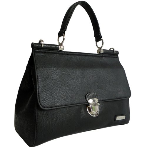 Exquisite Womens Croco Texture Satchel Style Designer Briefcase Laptop Bag with Front Buckle (Black with Black Trim)