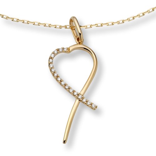 Miore Elongated Cross Over 18ct Yellow Gold Heart Pendant set with 17 Diamonds and 42cm Chain. M0867Y