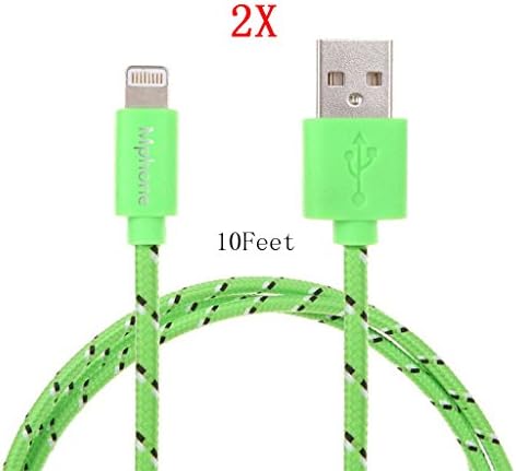 Mphone(TM) 2 Pack 10Ft DIY Replacement Ruggedized Braided Extra Long Lightning to USB Cable/8 Pin to USB Cable Charge and Sync for Apple iPhone 6 6 Plus 5S, 5C, 5, Ipad Air, Ipad 4, Ipad Mini and other Lightning connector Devices-1 Year Warranty-Green