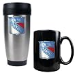 New York Rangers Stainless Steel Travel Tumbler & Black Ceramic Mug Set - Primary Logo NHL Hockey
