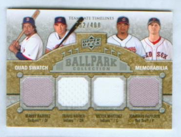 Manny Ramirez Jonathan Papelbon Travis Hafner & Victor Martinez 2009 Upper Deck Ballpark Collection Quad Swatch Memorabilia Jersey Card #275 & #/400 made / Boston Red Sox / Cleveland Indians