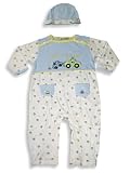 Beyond Basics Kids - Infant Baby Boys Long Sleeved Coverall with Matching Cap, Blue, White