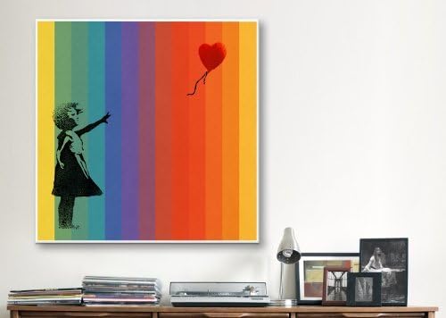 USMONON Fashionable 2017D Girl with Balloon Rainbow Bars Canvas Print by Banksy, 18 by 18-Inch, 0.75-Inch Deep