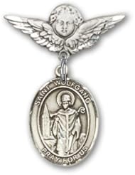 Sterling Silver Baby Badge with St. Wolfgang Charm and Angel with Wings Badge Pin