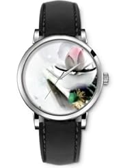 SPRAWL Aanalog Fashion Series Silver Ladies Watches of Genuine Black Leather Strap,Unique Wrist Watch for Women Girls Designed with Lotus flower on a wooden bar