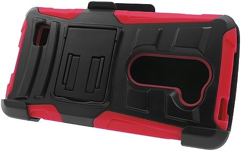 LG Leon C40 Case, LG Tribute 2 Case, JoJoGoldStar® [Heavy Duty] Dual Layer PC & Silicone TPU Armor Cover w/ Snap-in Holster Swivel Belt Clip and Kickstand + Film Screen Protector + Stylus (Red)