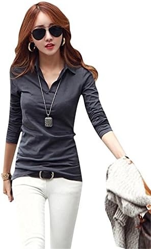 Karenemp Dresses Women's Long Sleeve V Neck Polo T Shirts Sexy Ladies Tops Sheer Blouses Dark Gray ASmall