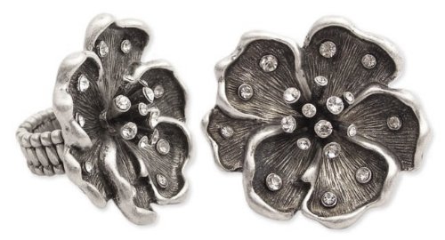 Awesome ZAD Large Hibiscus Flower Fashion Ring with Ice Crystal Accents on Comfortable Stretch Band Antique Silver Tone