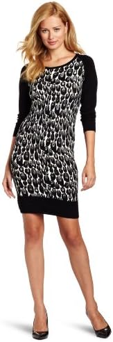 Evolution by Cyrus Women's 3/4 Sleeve Crew Neck Tunic Sweater Dress, Feathered Leopard Print, Medium