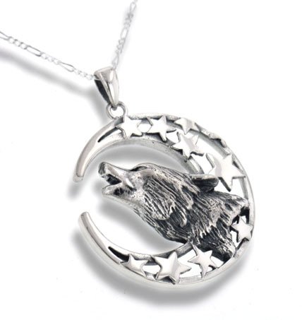 Howling Wolf Totem with Crescent Moon and Stars Sterling Silver Pendant with 20'' Chain Necklace