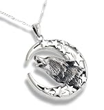 Howling Wolf Totem with Crescent Moon and Stars Sterling Silver Pendant with 20