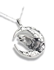Howling Wolf Totem with Crescent Moon and Stars Sterling Silver Pendant with 24" Chain Necklace