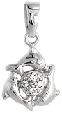 Sterling Silver Jeweled Dolphins Pendant, w/ Cubic Zirconia stones, 1/2 (13mm)