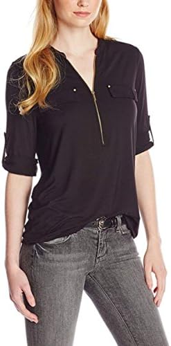 ACEVOG Women V-neck Zip Front Blouse Solid Color Roll UP Sleeve Tops Causual Shirt Black S