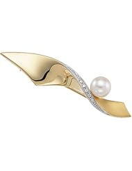 14K Yellow Gold "A" Gemstone Quality Round Pearl and Diamond Brooch -- LIFETIME WARRANTY