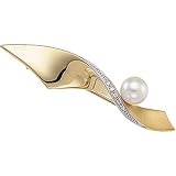 14K Yellow Gold "A" Gemstone Quality Round Pearl and Diamond Brooch