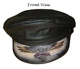 Black Leather Hats Motorcycle Riding Flat Top Cap Eagle