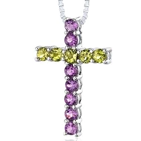 Sterling Silver 1.50 carats total weight Round shape Amethyst and Peridot Cross Pendant Necklace