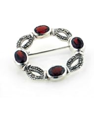 Vintage Styled 4cttw Genuine Garnet Sterling Silver Marcasite Square Brooch Pin