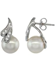 14k White Gold Ribbon Lace Pearl Earrings w/ 0.06 Carat Brilliant Cut ( H-I Color; VS2-SI1 Clarity ) Diamonds & 7mm White Pearls