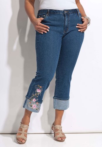 Roamans Plus Size 5-Pocket Denim Capris with Floral Embroidery by Denim 24/7 Roamans Plus Size 5-Pocket Denim Capris with Floral Embroidery by Denim 24/7