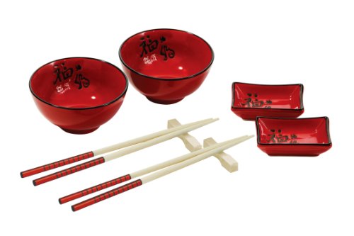 Premier Housewares 8-teiliges chinesisches Essservice mit 2 roten Sch&uuml;sseln, 2 roten Schalen, 2 Paar Essst&auml;bchen und 2 Besteckb&auml;nkchen