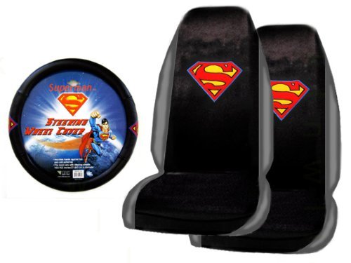  A Set of 2 Universal Fit Superman Classic Red and Yellow Shield Seat Covers and 1 Comfort Grip Steering Wheel Cover