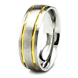 Satin Finished Stainless Steel Ring with Gold Plated Grooves 7mm (Sizes 8-12)
