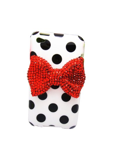 White Cute 3D Bling Red Bow Dot Pattern Case Cover for Apple Ipod Touch 4g 4 4th Gen