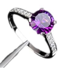 Round Cut 7.3mm Amethyst(Dark Purple,VS) 0.17ctw Diamonds (H-SI) 14K White Gold Engagement Wedding Ring