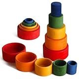 Grimm's Set of 5 Small Wooden Stacking & Nesting Rainbow Bowls, Red Outside