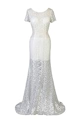 Sexy Short Sleeves Backless Lace Floor Length Mermaid Round Neck Evening Dress/Prom Dress/Wedding Party Dress  with a Brush/Sweep Train 