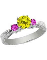 1.06 Ct Round Canary Diamond Pink Sapphire 14K White Gold 3-Stone Ring