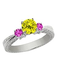 1.06 Ct Round Canary Diamond Pink Sapphire 925 Sterling Silver 3-Stone Ring