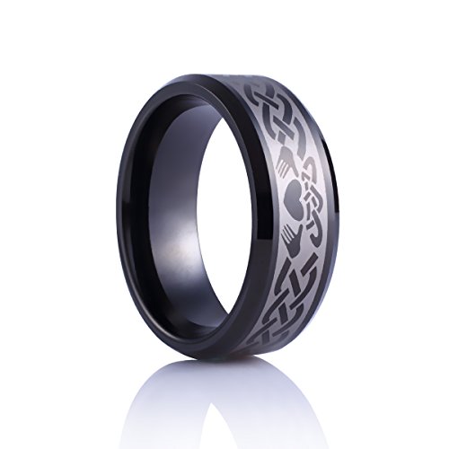 King Will 8mm Black Tungsten Carbide Ring Polished Finish the Claddagh Irish Engagement Wedding Bands