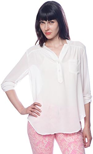 DNA Couture Women's Collarless Roll Three Quarter Sleeve Chiffon Top