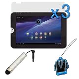 GTMax 3 X Premium Clear LCD Screen Protector + Universal Silver Mini Stylus with 3.5mm Plug + LCD Screen Cleaner Strap for Toshiba Thrive 10.1 Tablet