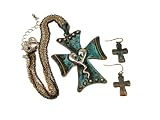 Patina Cross with Heart Pendant and matching Dangle Earrings