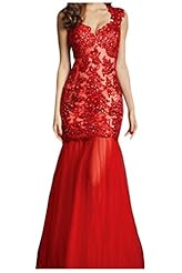 Applique Lace Open-Back Mermaid Sleeveless Tulle Evening Dress/Prom Dress/Party Dress 