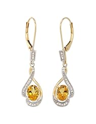 14k Gold 3/4 in. (19mm) tall Lever Back Dangle Earrings, w/ 0.13 Carat Brilliant Cut Diamonds & 2.40 Carats Oval Cut 7x5mm Citrine Stones